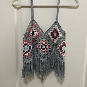My Beachy Side Gray Crochet Fringe Top